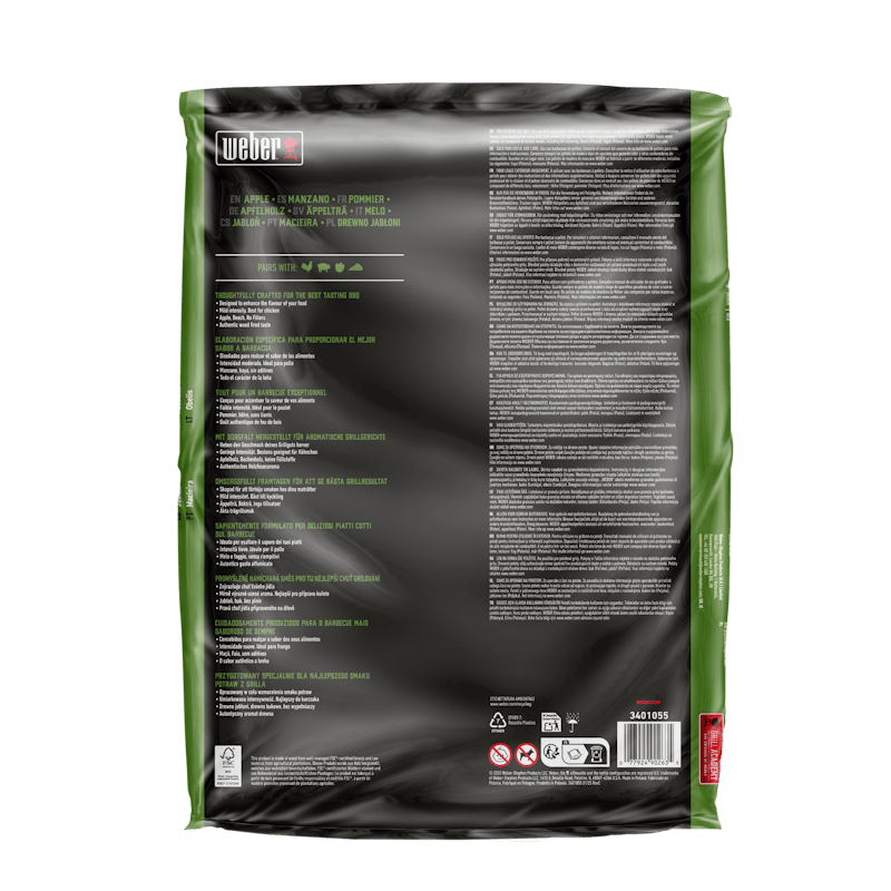 Rückseite der Weber SmokeFire Holzpellets Apfelholz Verpackung mit Text und Sicherheitshinweisen
