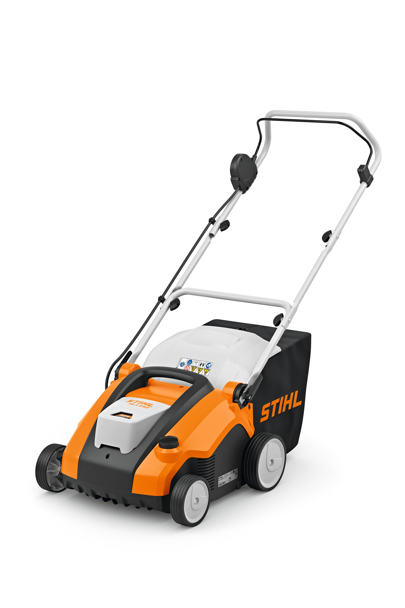 STIHL RLA 240 Akku-Rasenlüfter in Orange und Weiß mit klappbarem Holm und Grasfangkorb