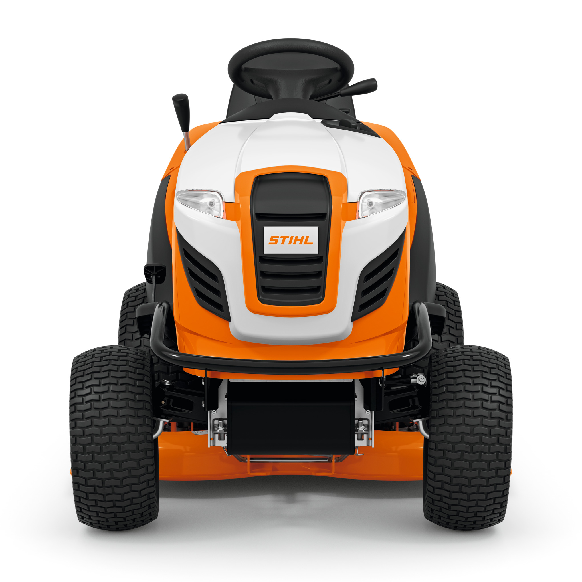 Frontansicht des Stihl RT 6112 ZL Aufsitzmähers in Orange und Weiß