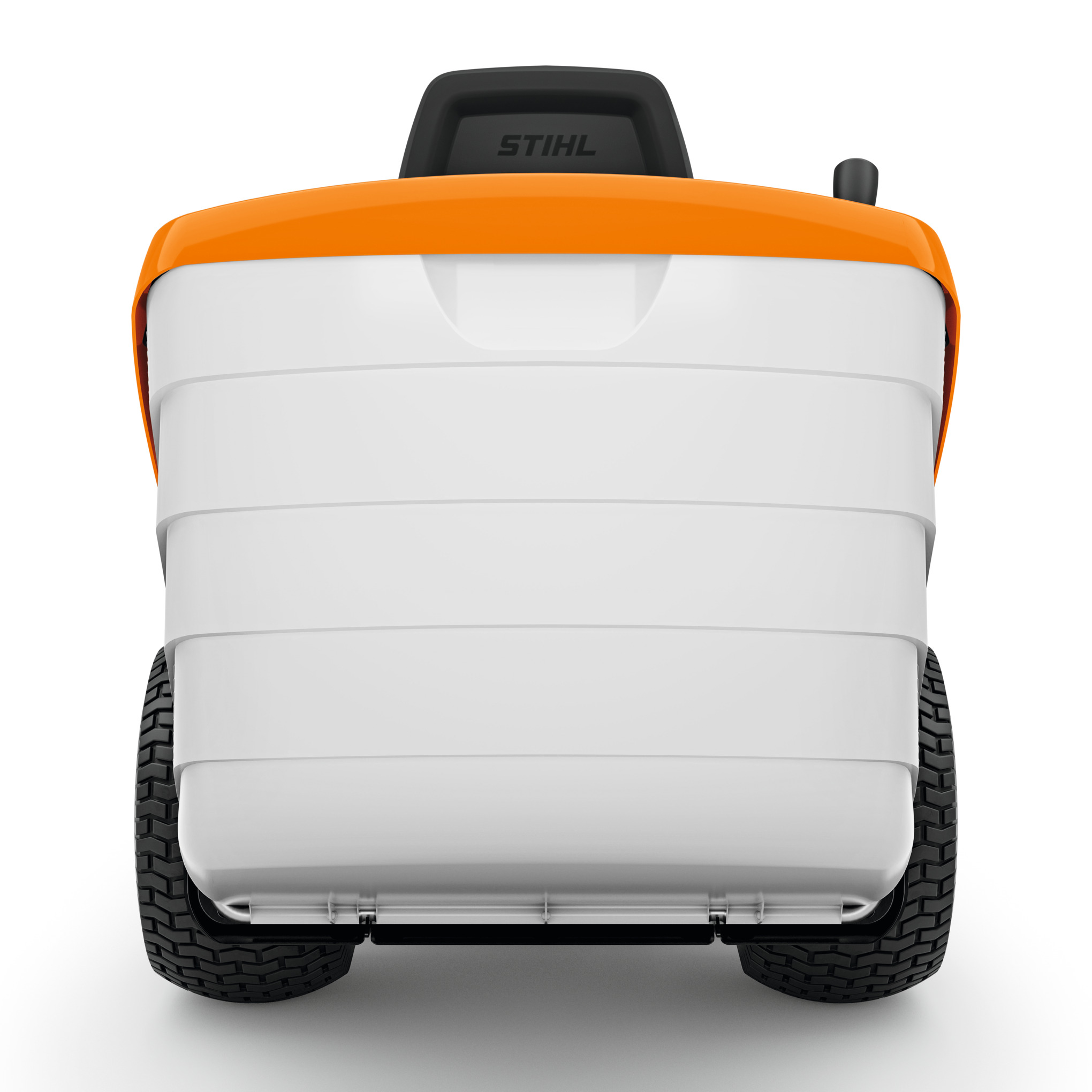 Heckansicht eines weißen STIHL RT 6112 ZL Aufsitzmähers mit orangefarbenen Details