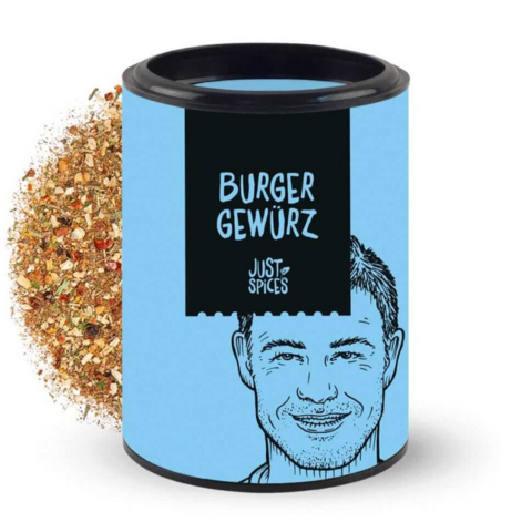 Just Spices Burger Gewürz Dose mit gezeichnetem Gesicht und Gewürzmischung daneben