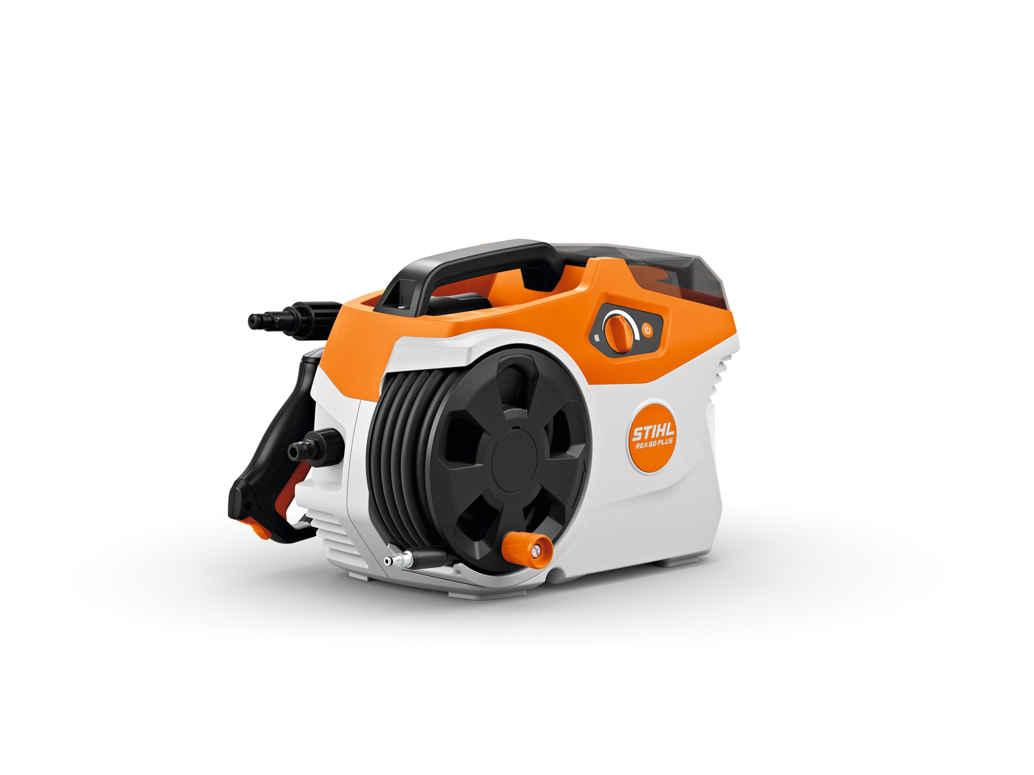 STIHL REA 60 Plus Akku-Hochdruckreiniger in Orange und Weiß mit integrierter Schlauchtrommel
