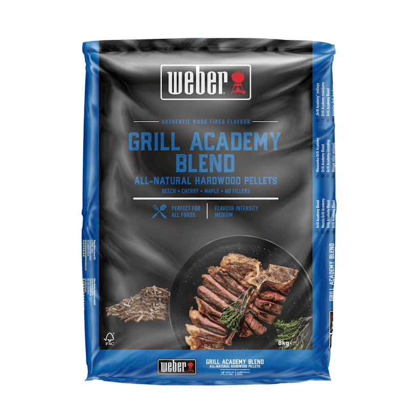 Verpackung von Weber SmokeFire Holzpellets Grill Academy Blend mit Fleischbild