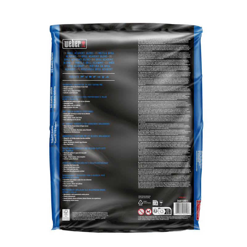 Rückseite der Weber SmokeFire Holzpellets Grill Academy Blend Verpackung mit Produktinformationen