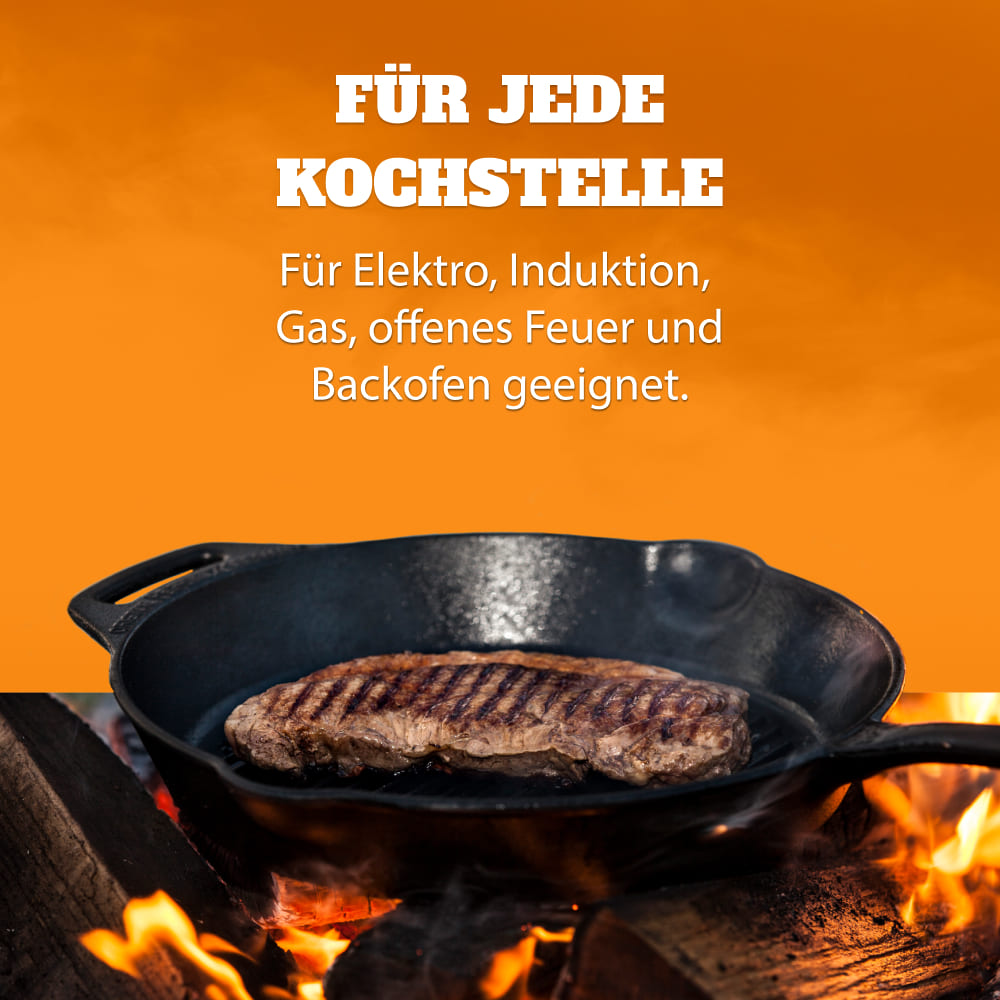 Gusseisenpfanne mit Steak über offenem Feuer, geeignet für alle Kochstellen