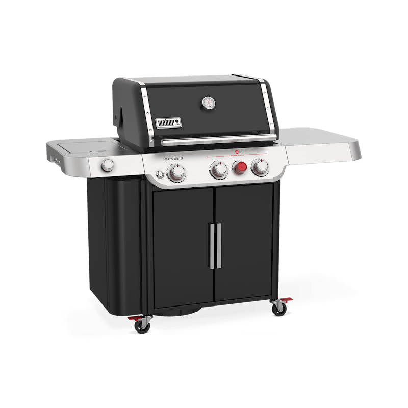 Weber Genesis E-335 Gasgrill in Schwarz mit Edelstahlakzenten und roten Bedienelementen
