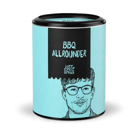 Türkisfarbene Gewürzdose mit Porträt eines Mannes, beschriftet mit BBQ ALLROUNDER von Just Spices