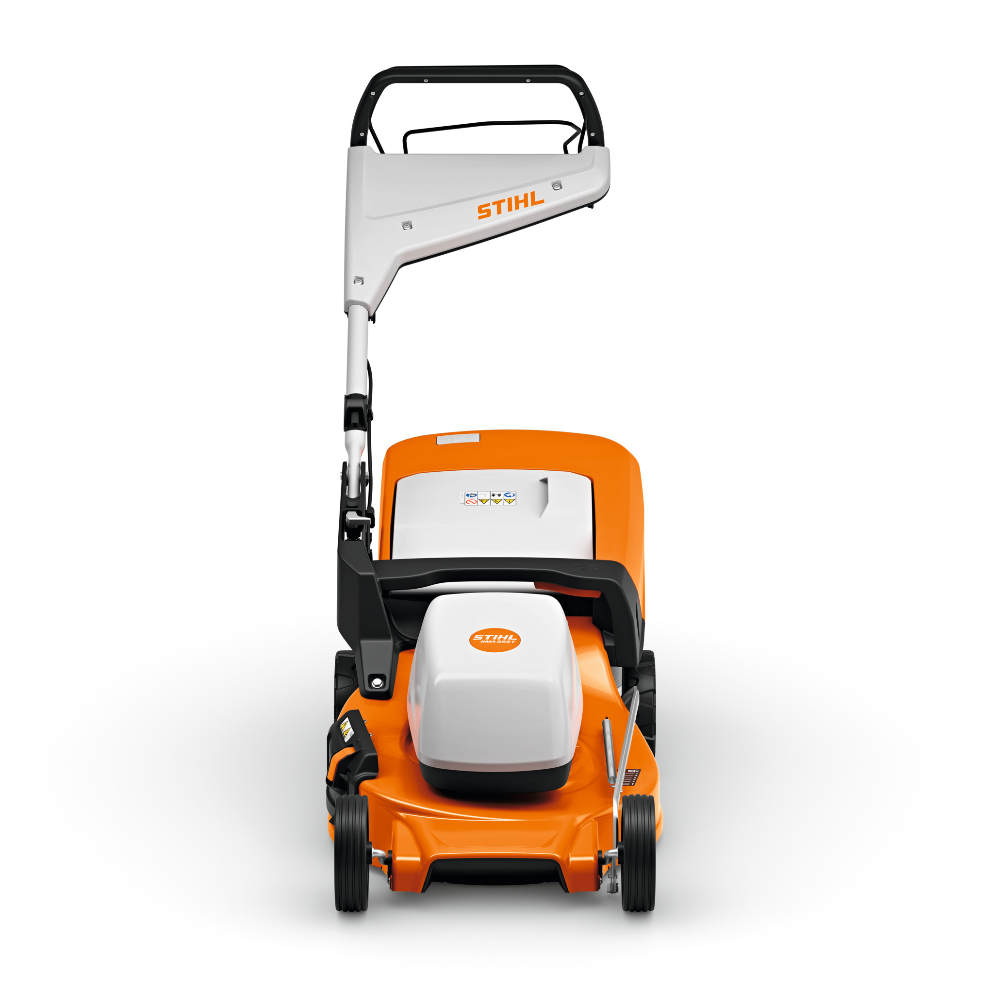 STIHL Akku-Rasenmäher RMA 253 in Orange und Weiß mit klappbarem Holm und Logo