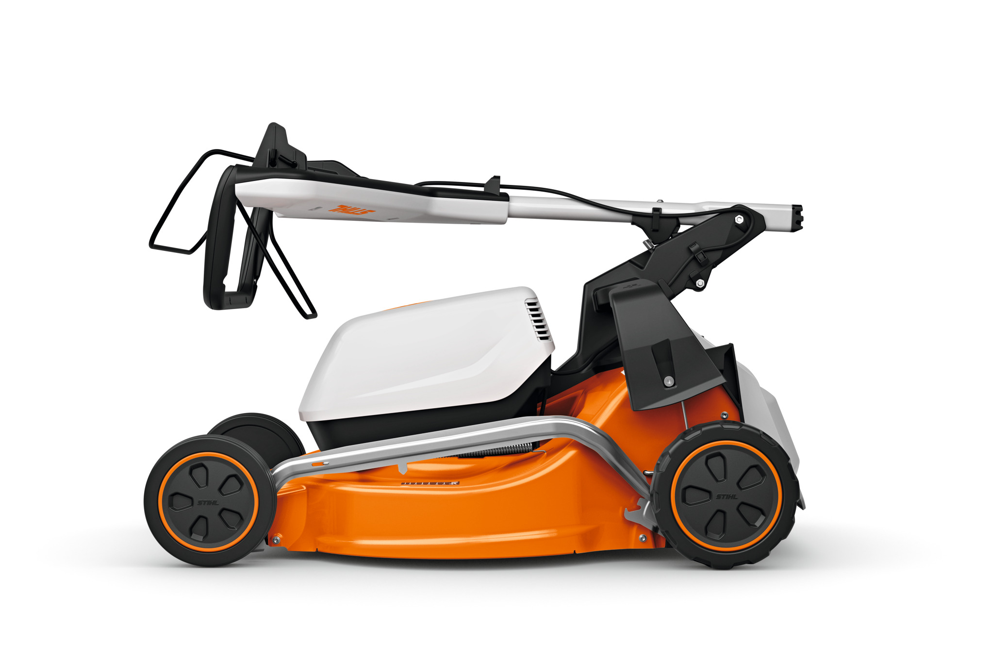 STIHL Akku-Rasenmäher RMA 253 in Orange und Weiß mit klappbarem Holm und Grasfangkorb