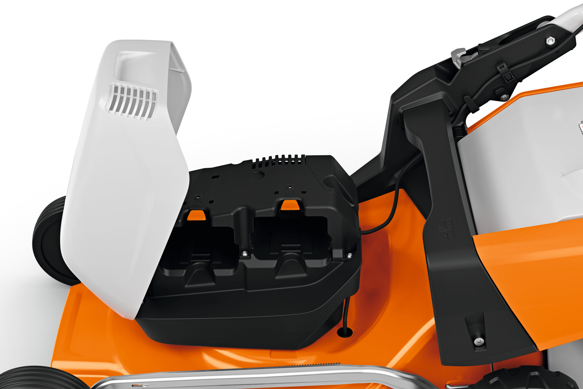 Detailansicht des klappbaren Holms und Grasfangkorbs des STIHL Akku-Rasenmähers RMA 253