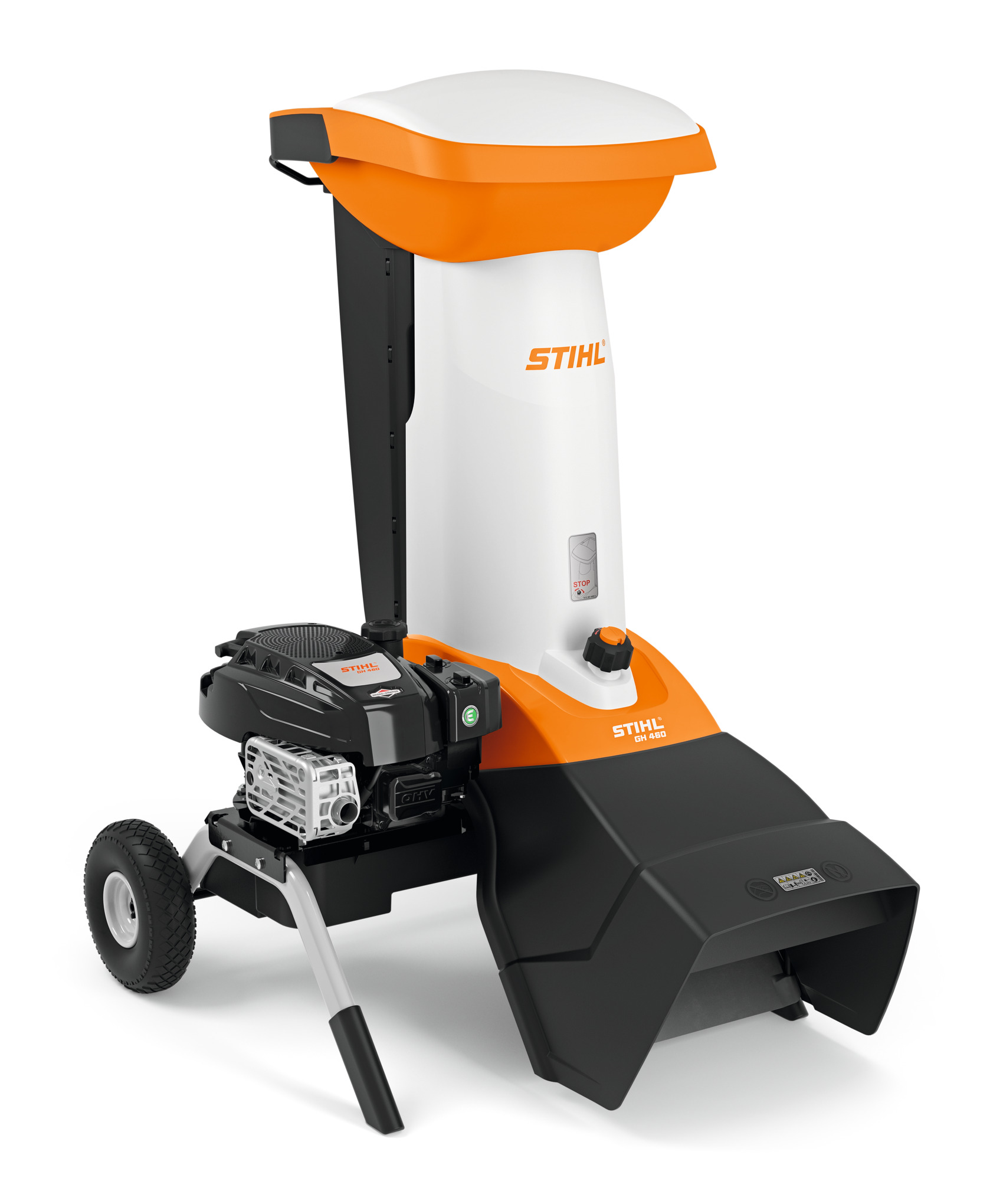 STIHL GH 460 Häcksler in Orange und Weiß mit Luftreifen und Sicherheitsschalter