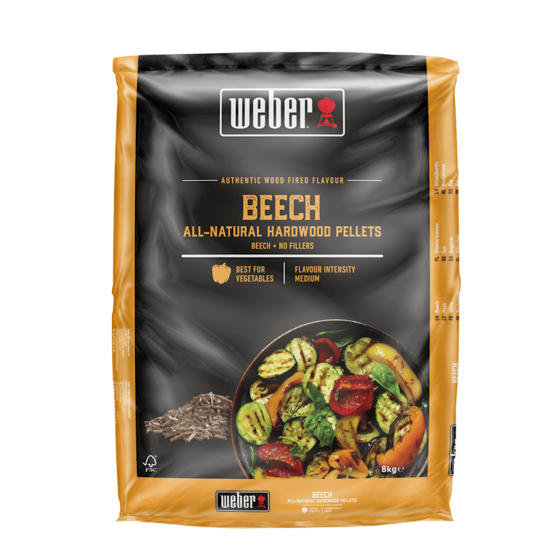 Weber SmokeFire Holzpellets Buche 8 kg Verpackung mit Grillgut