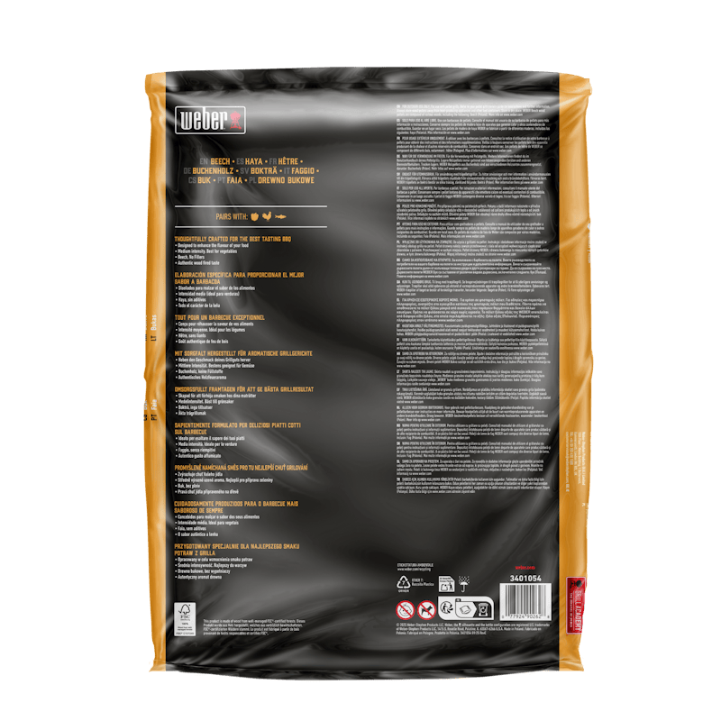 Rückseite eines Weber SmokeFire Holzpellets Sack mit Produktinformationen