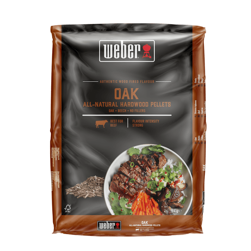 Verpackung von Weber SmokeFire Eichenholzpellets 8 kg mit Grillfleischbild