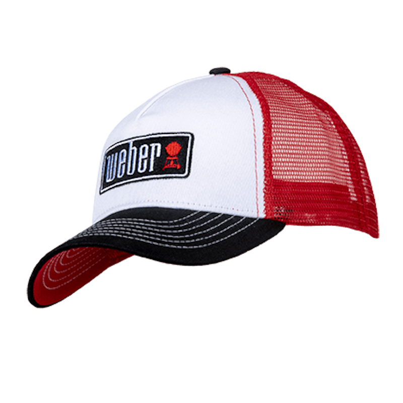 Weber Trucker-Cap in Schwarz, Weiß und Rot mit gebogenem Schirm und gesticktem Logo
