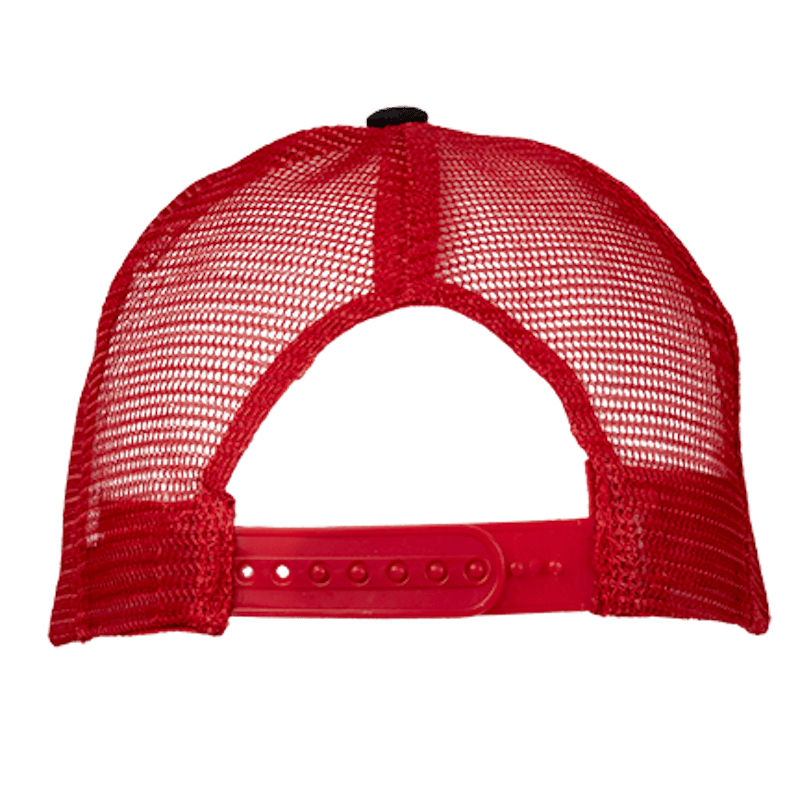 Rote Weber Trucker-Cap von hinten mit verstellbarem Verschluss und Meshmaterial