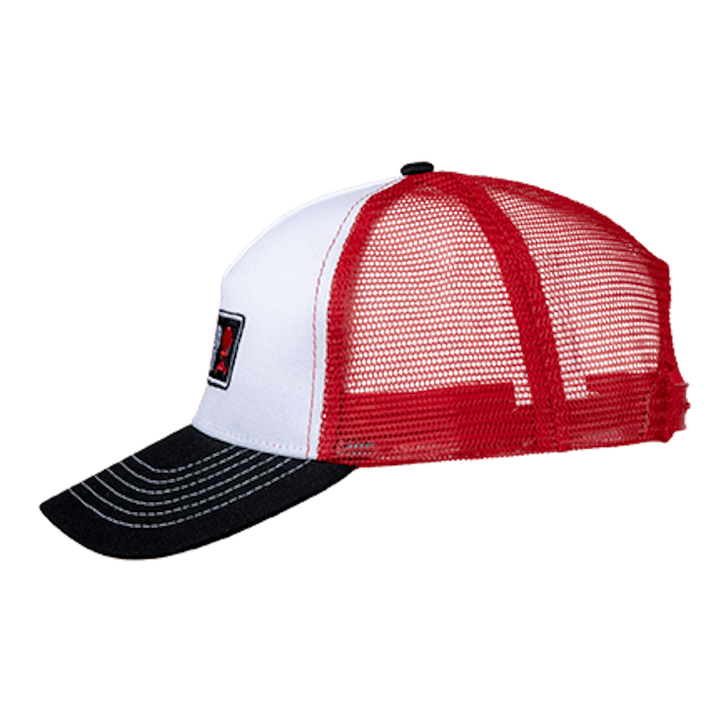 Weber Trucker-Cap in Schwarz, Weiß und Rot mit gebogenem Schirm und Mesh-Rückseite