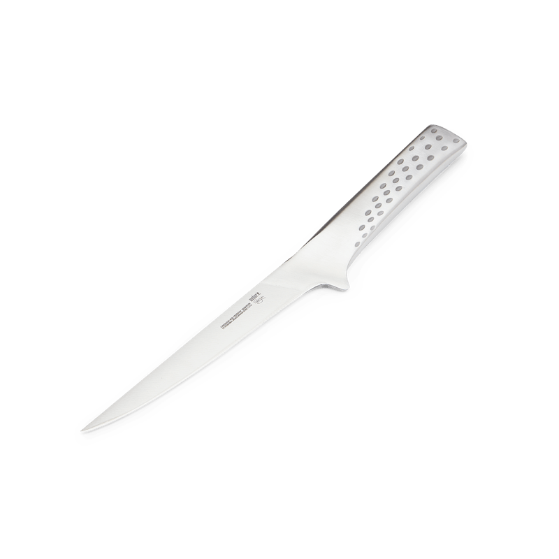 Edelstahl Deluxe Filetiermesser auf dunkelgrünem Hintergrund