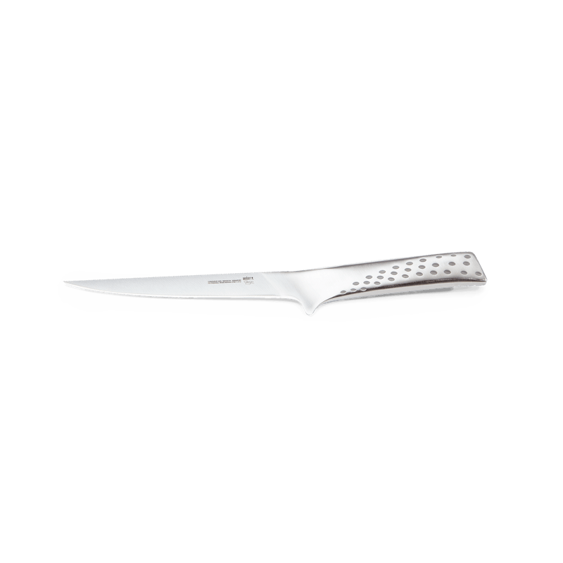 Edelstahl Deluxe Filetiermesser mit ergonomischem Griff auf grünem Hintergrund