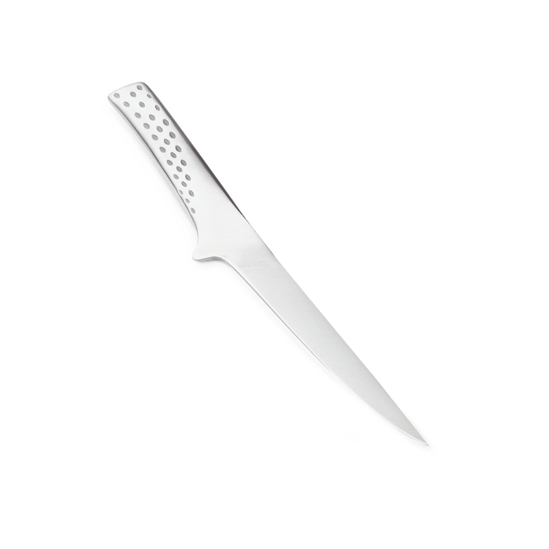 Edelstahl Deluxe Filetiermesser mit ergonomischem Griff auf dunkelgrünem Hintergrund