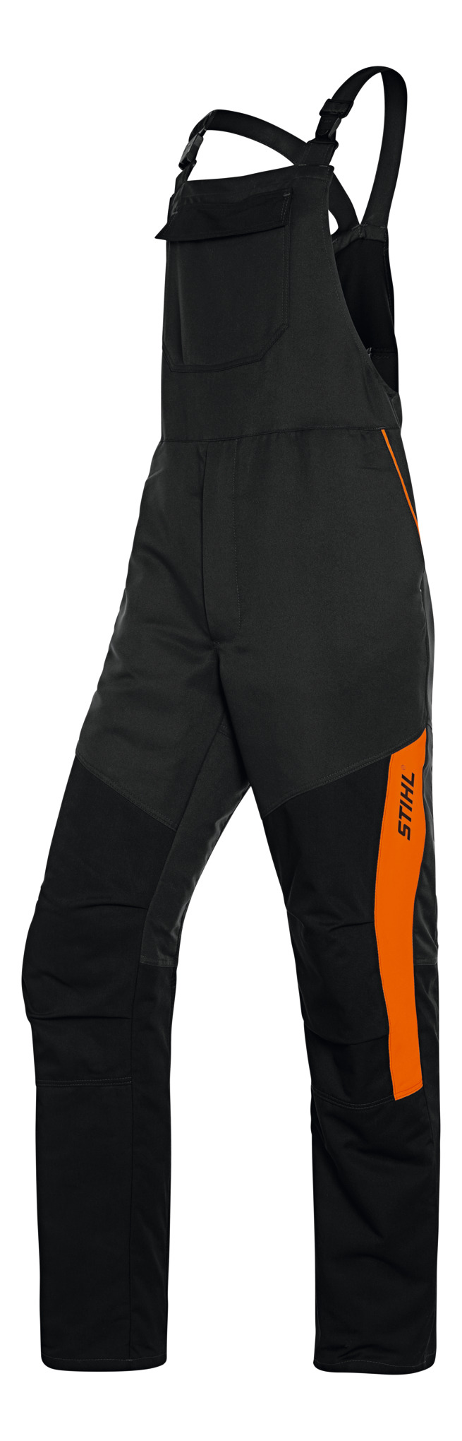 STIHL Latzhose FUNCTION Universal in Schwarz mit orangefarbenem Streifen und Logo