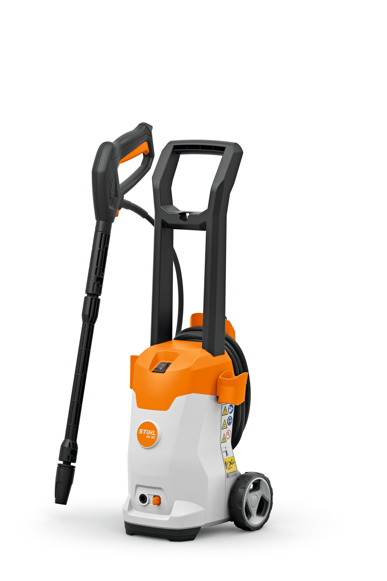 STIHL RE 80 Elektro-Hochdruckreiniger in Orange und Weiß mit integriertem Fahrwerk und aufgerolltem Schlauch