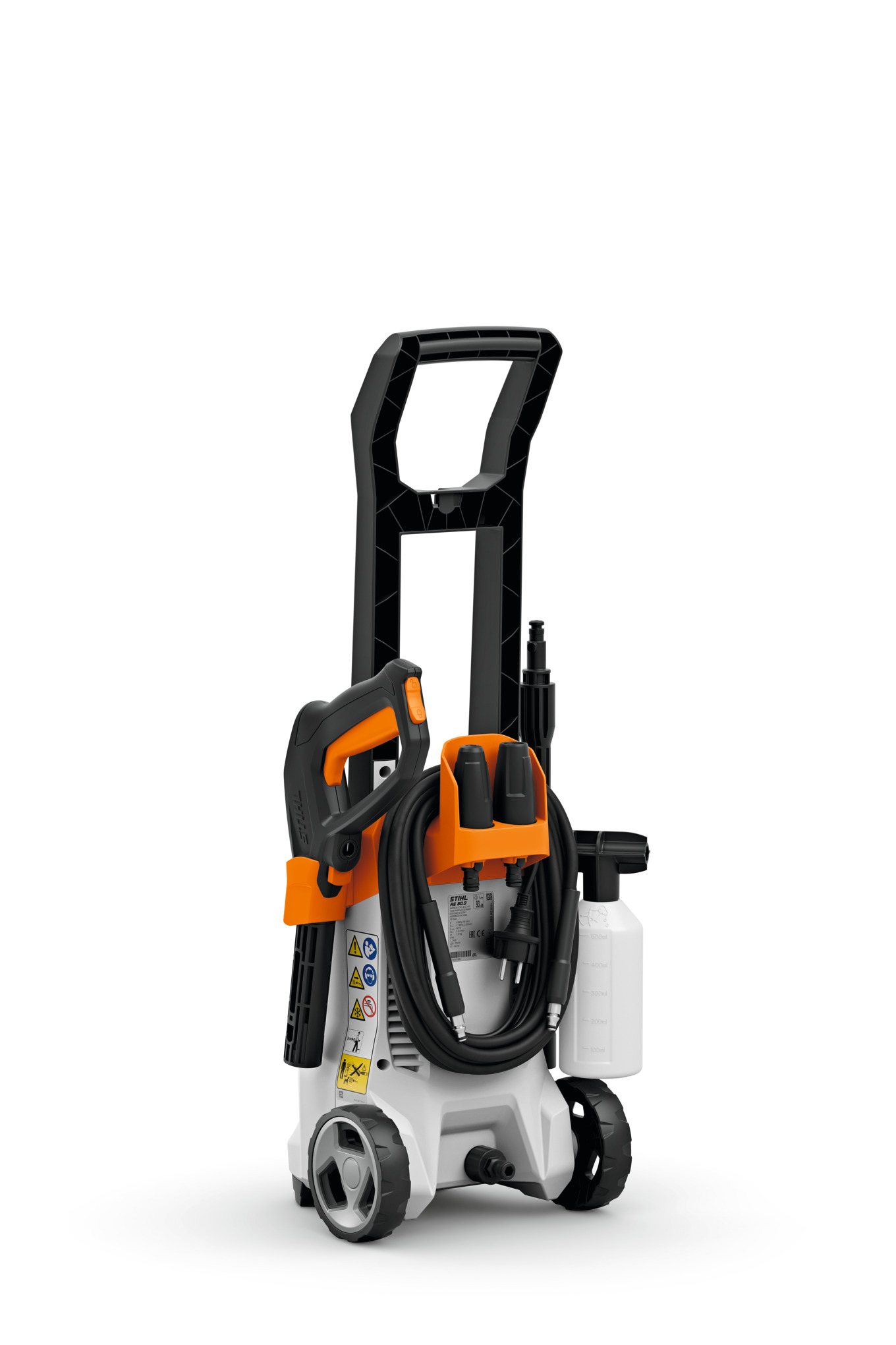 STIHL RE 80 Elektro-Hochdruckreiniger in Studioansicht mit integriertem Fahrwerk und Zubehör