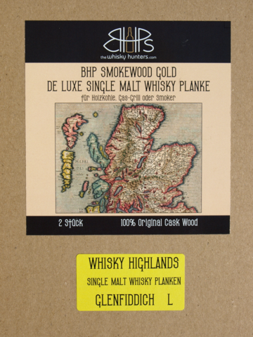 Verpackung von BHP Smokewood Gold Whisky Planken mit Karte der schottischen Highlands