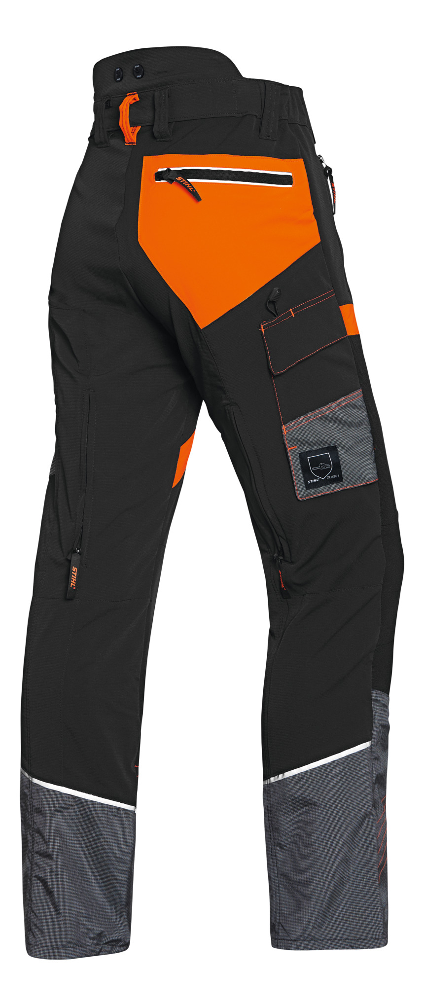 Stihl Bundhose ADVANCE X-Flex in Schwarz und Orange mit reflektierenden Details und mehreren Taschen