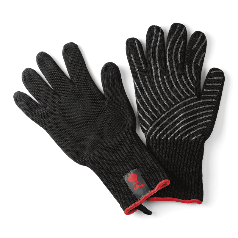 Schwarze Weber Grillhandschuhe mit Silikon-Griffflächen und rotem Logo