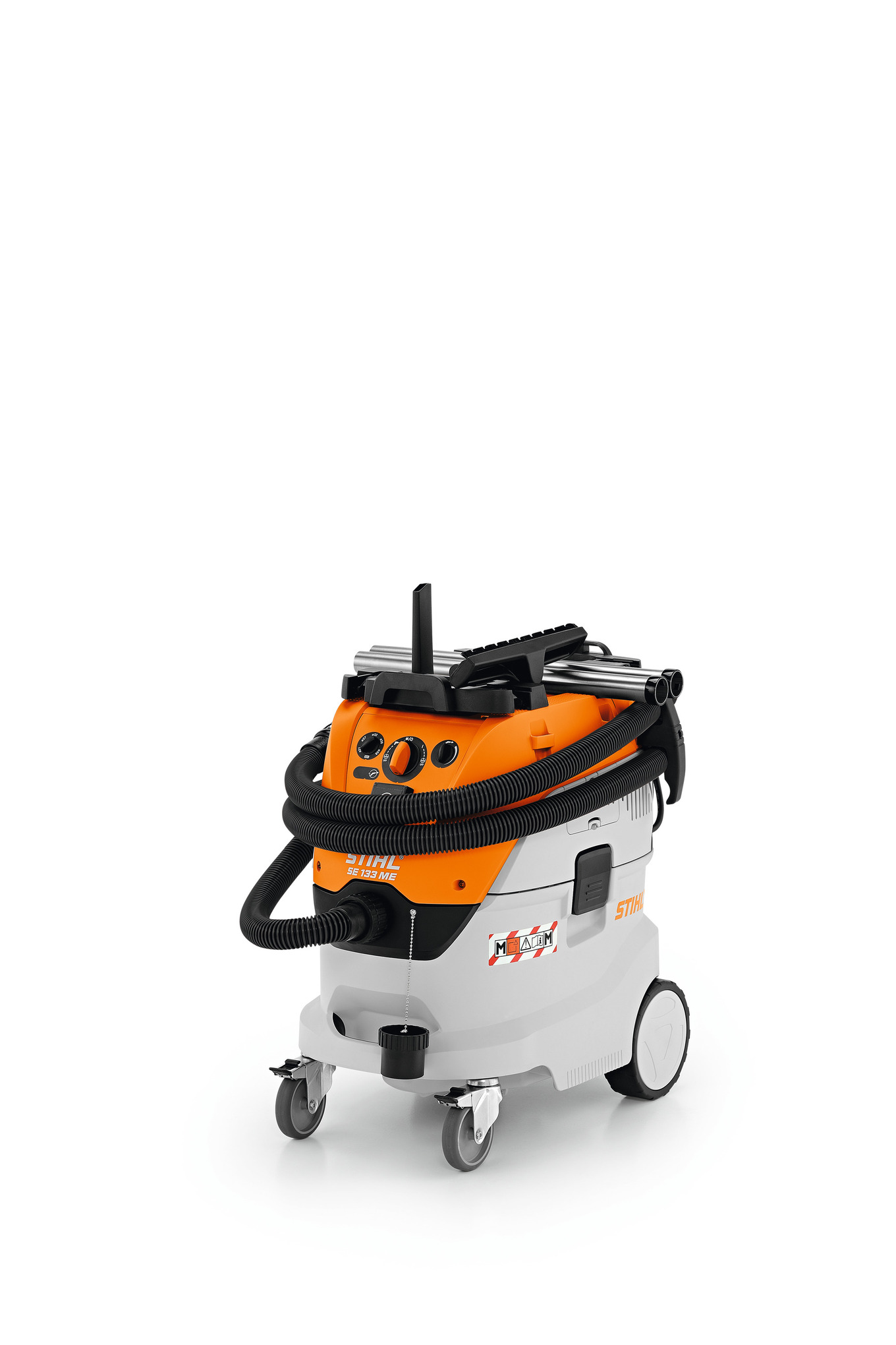 Stihl SE 133 ME Elektro-Nass- und Trockensauger in Weiß und Orange mit Rollen und Werkzeugaufnahmen