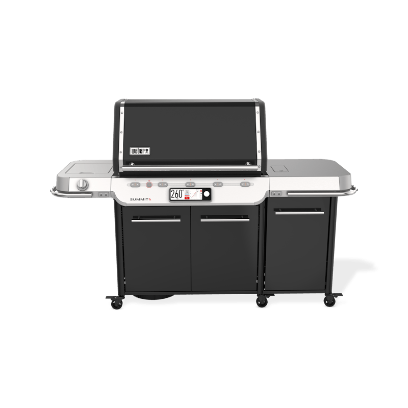 Weber Summit FS38X E Smart Grill in Schwarz mit geöffnetem Deckel und Touchscreen