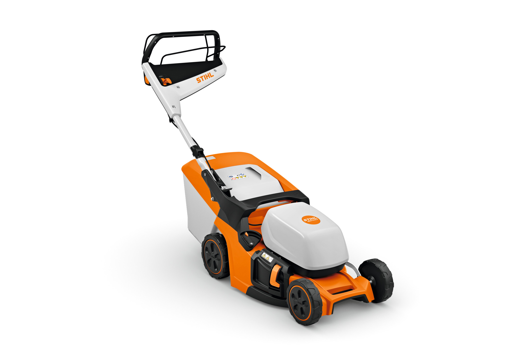STIHL RMA 443 V Akku-Rasenmäher in Orange und Weiß auf weißem Hintergrund