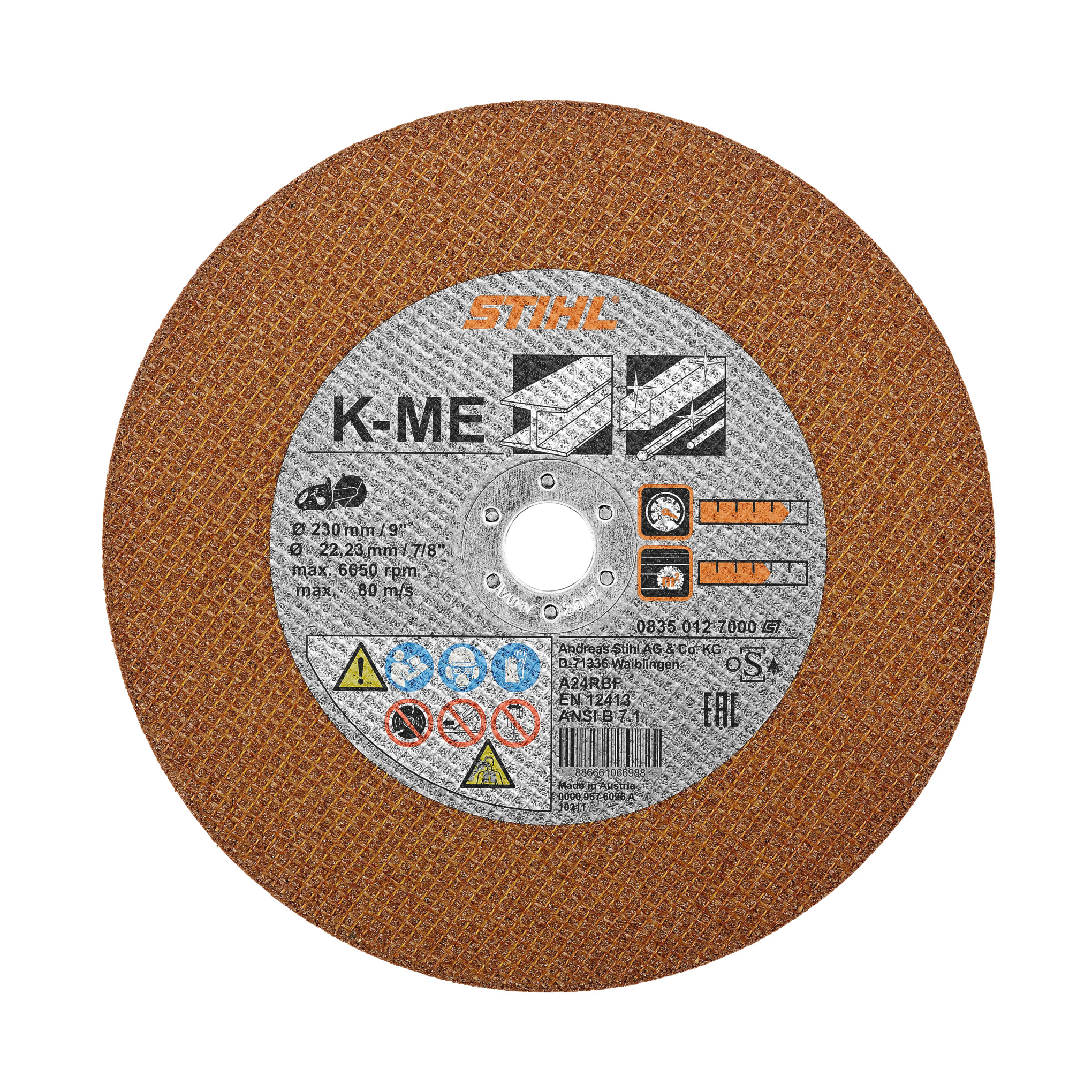 STIHL Kunstharz-Trennscheibe K-ME Ø230mm mit technischen Details und Sicherheitshinweisen