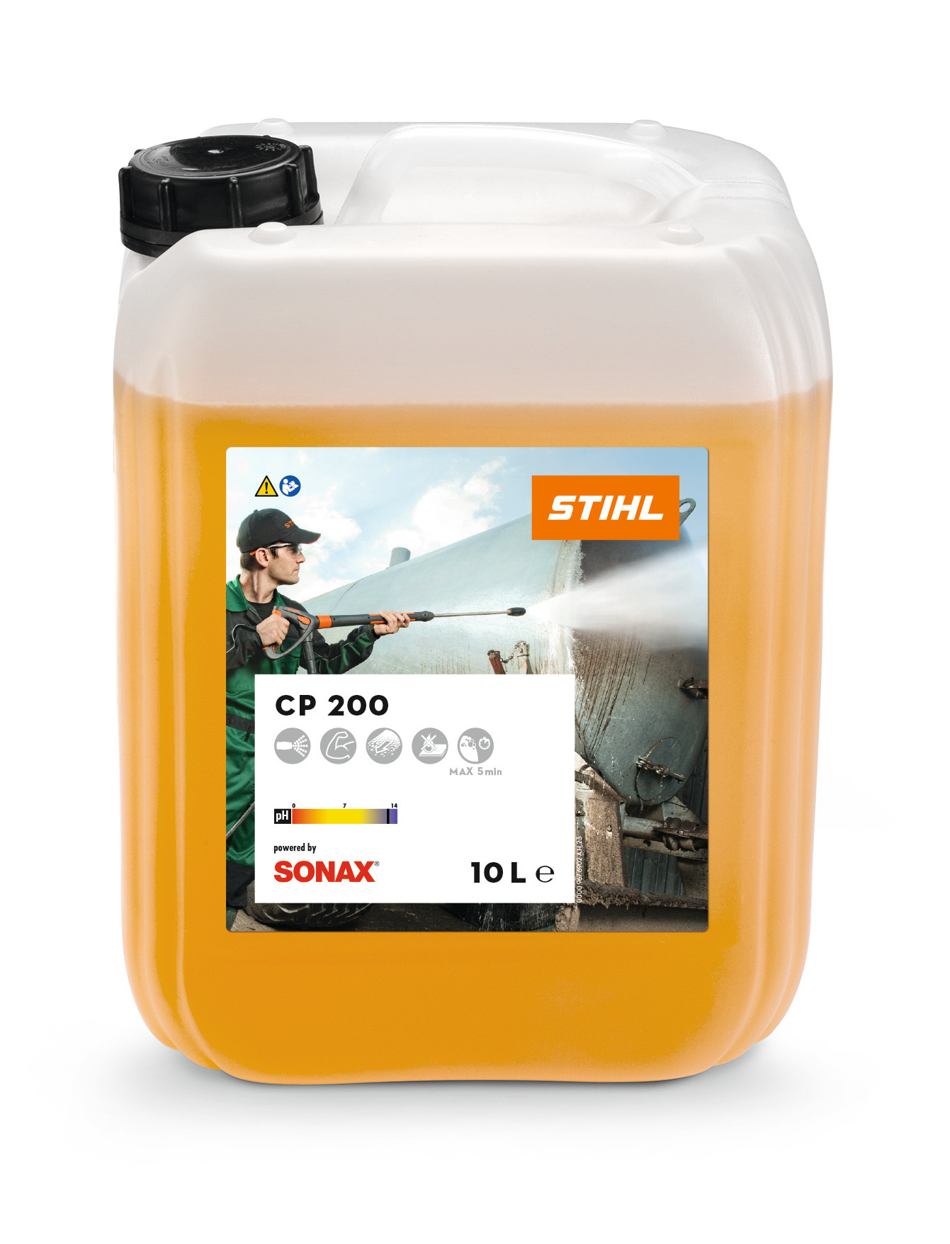 Gelber Kanister des STIHL Universalreinigers CP 200 mit Etikett und Hochdruckreinigerbild