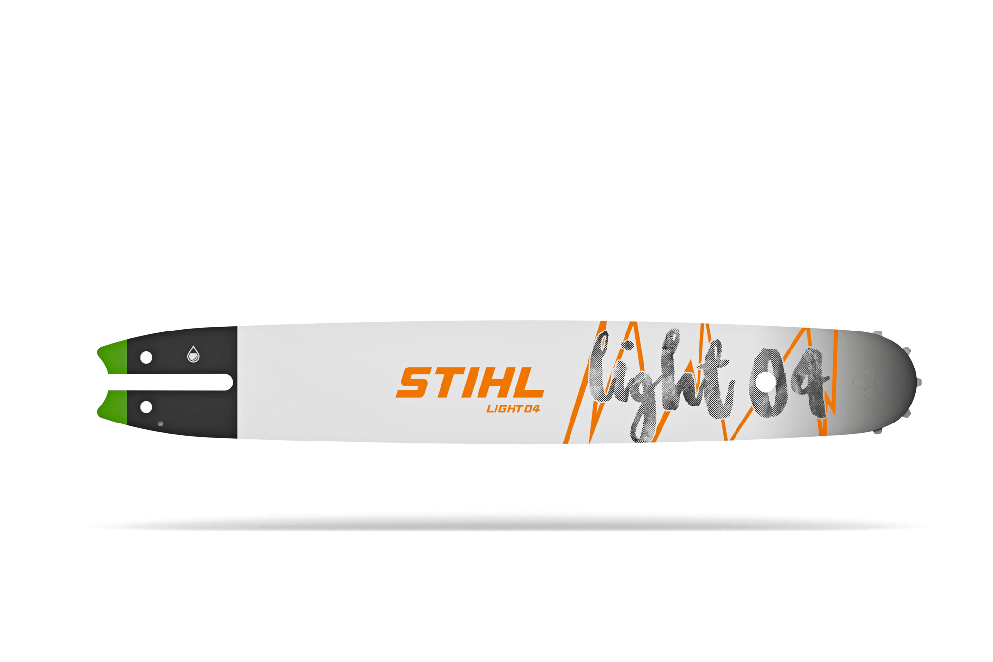 STIHL Rollomatic E Führungsschiene in Weiß mit orangefarbenen und grünen Akzenten für professionelle Sägeanwendungen