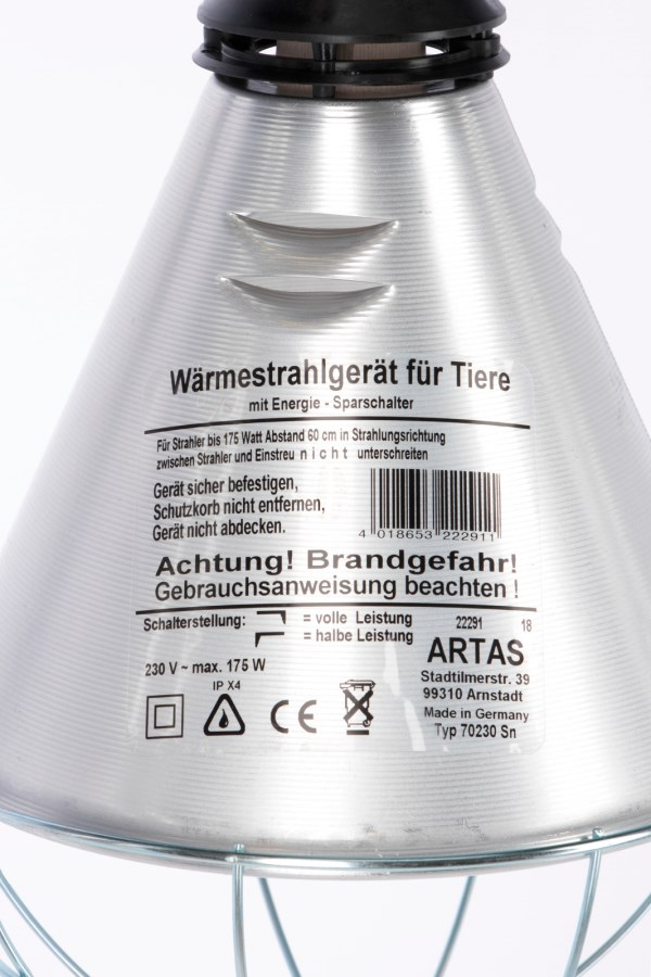 Detailansicht eines Infrarot-Wärmestrahlers für Tiere mit technischen Daten und Sicherheitshinweisen