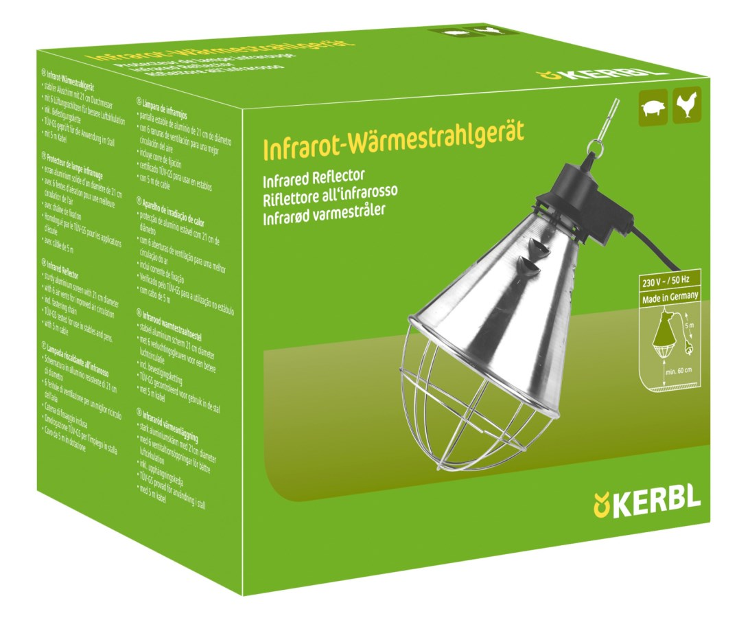 Verpackung eines Infrarot-Wärmestrahlers aus Aluminium mit technischen Details und Markenlogo