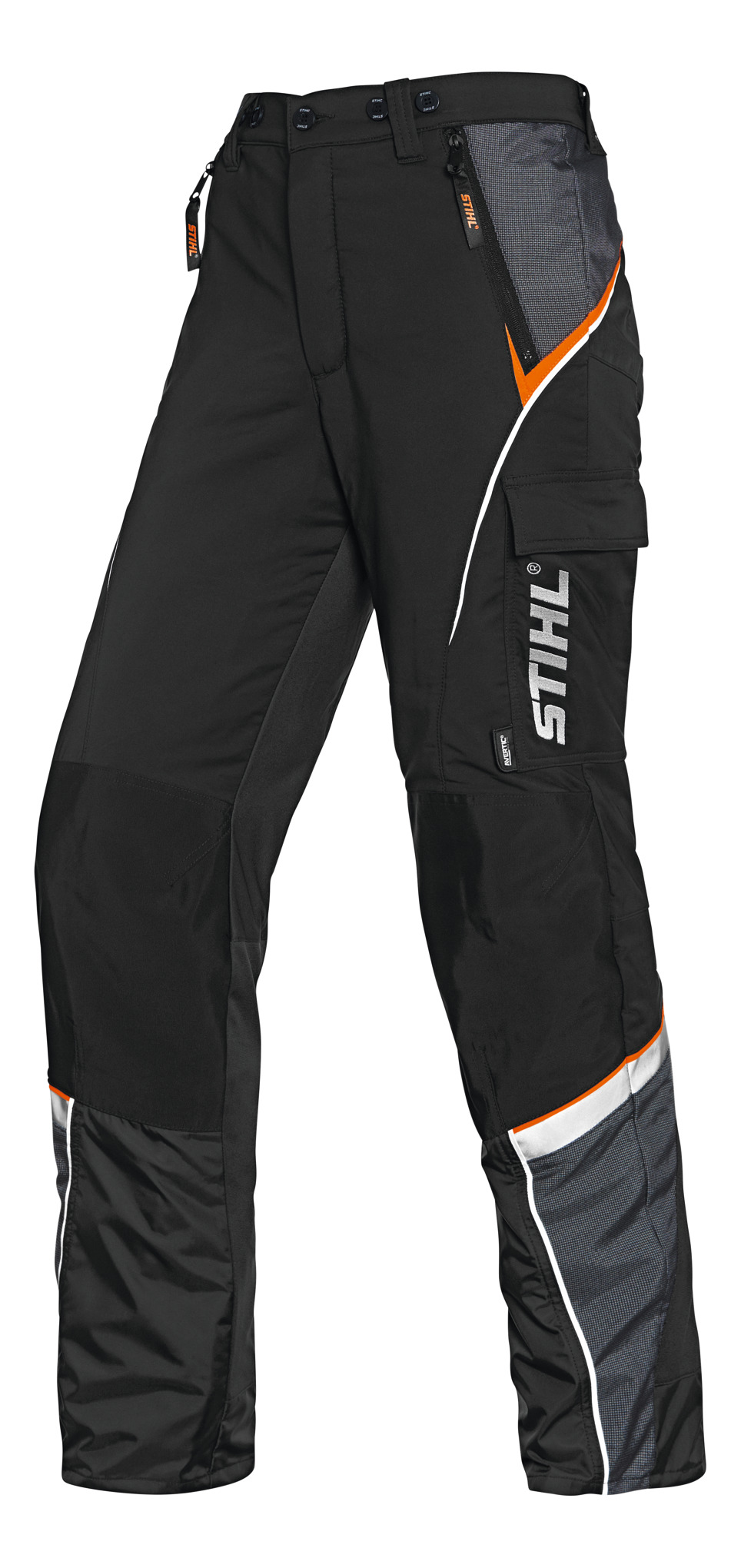 Schwarze STIHL Bundhose ADVANCE X-Light mit orangefarbenen Details und reflektierenden Streifen