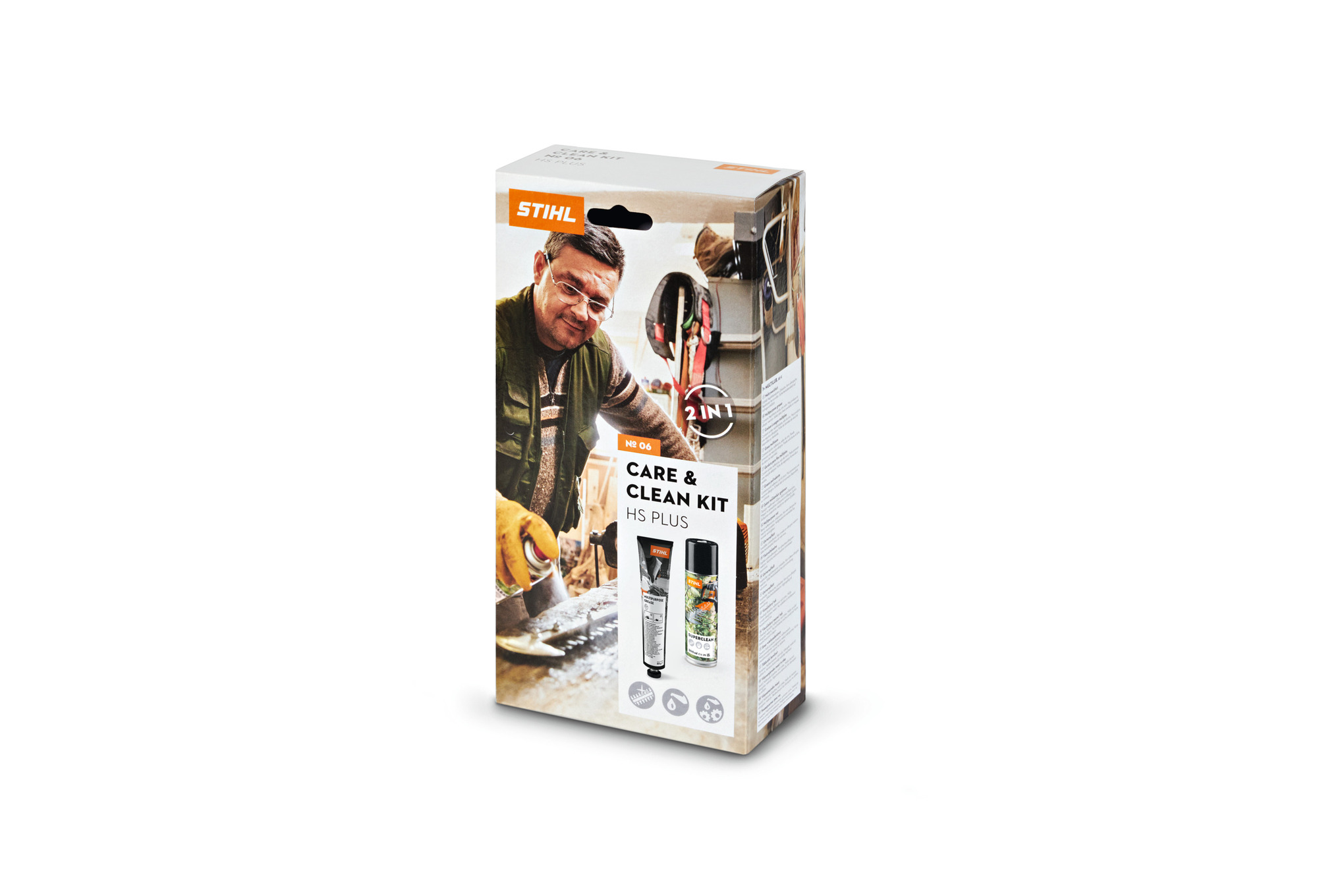 STIHL Care & Clean Kit HS Plus Verpackung mit Produktbildern und Anwendungshinweisen