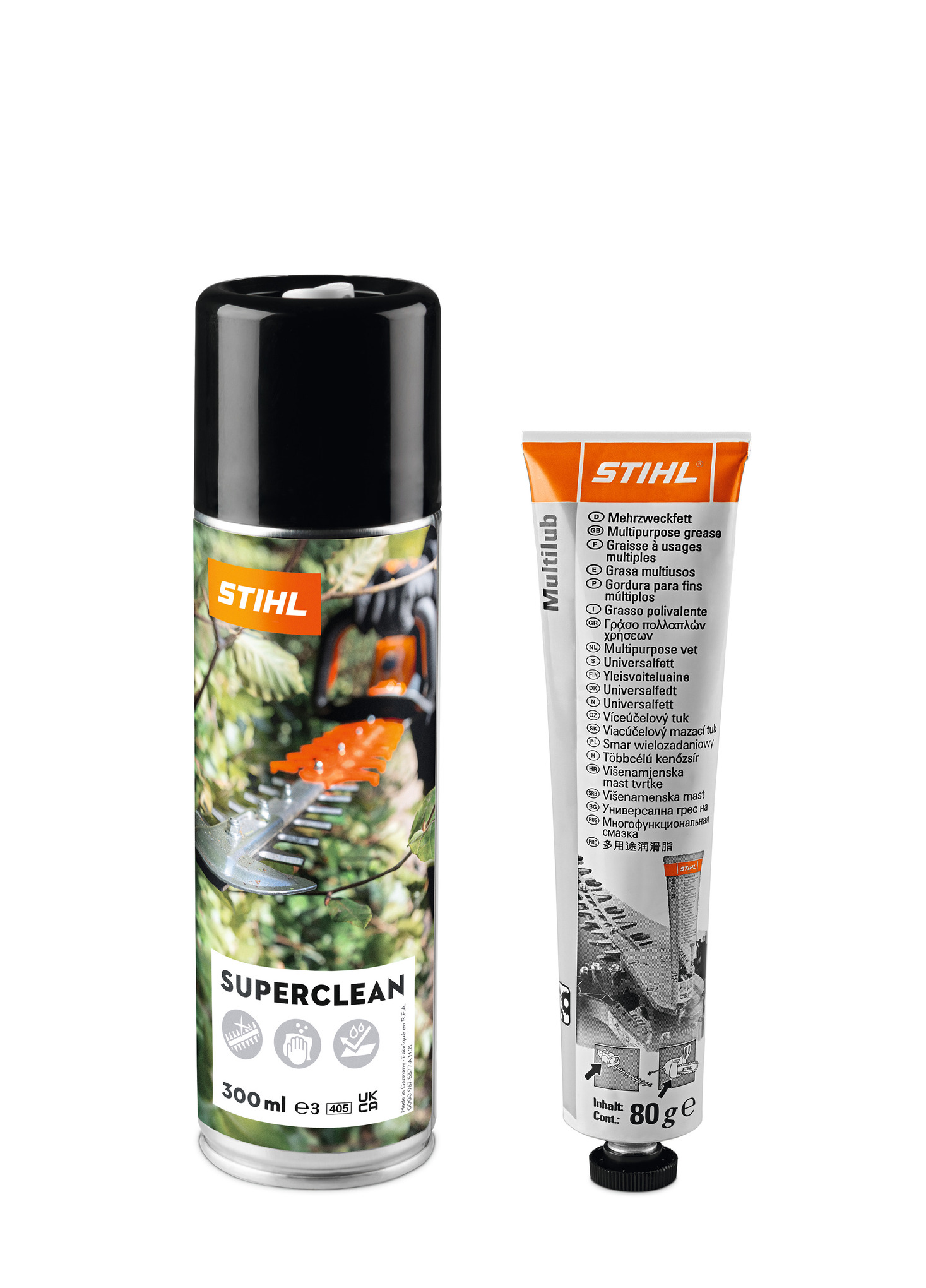 STIHL Superclean Spray und Multilub Schmierfett aus dem Care & Clean Kit