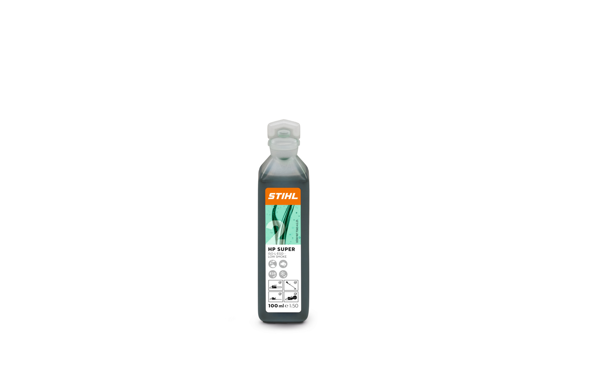 100 ml Flasche STIHL HP Super Zweitaktöl mit grünem Etikett auf weißem Hintergrund