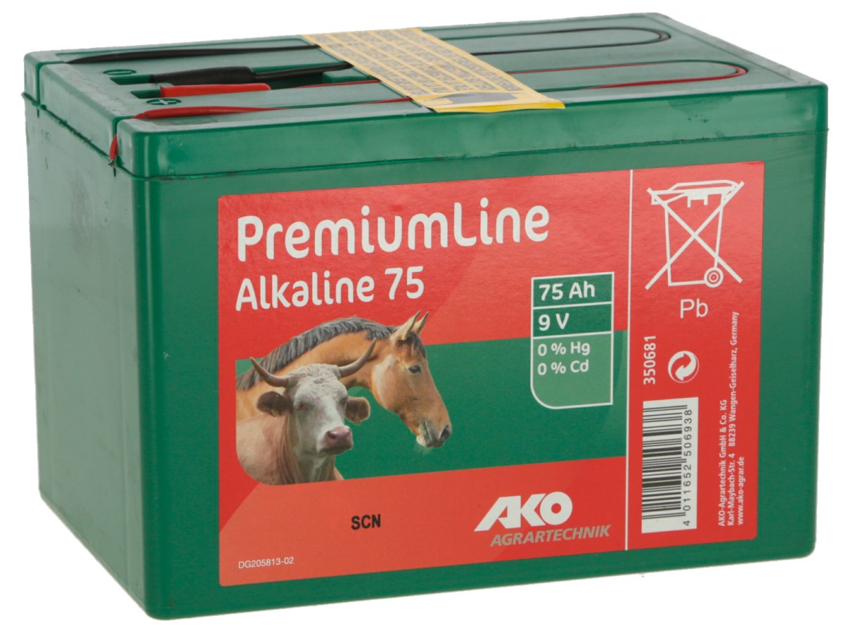 AKO Alkaline 75 Batterie für Weidezaungeräte mit Rind und Pferd auf Etikett