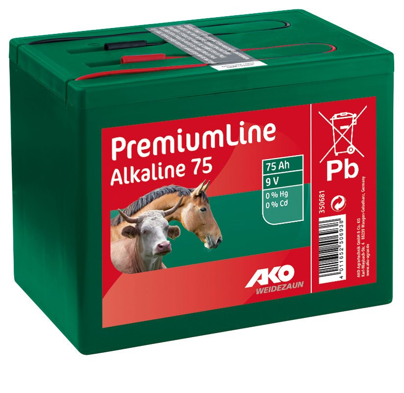 Grüne AKO Alkaline 75 Batterie für Weidezäune mit Pferd und Rind auf der Verpackung