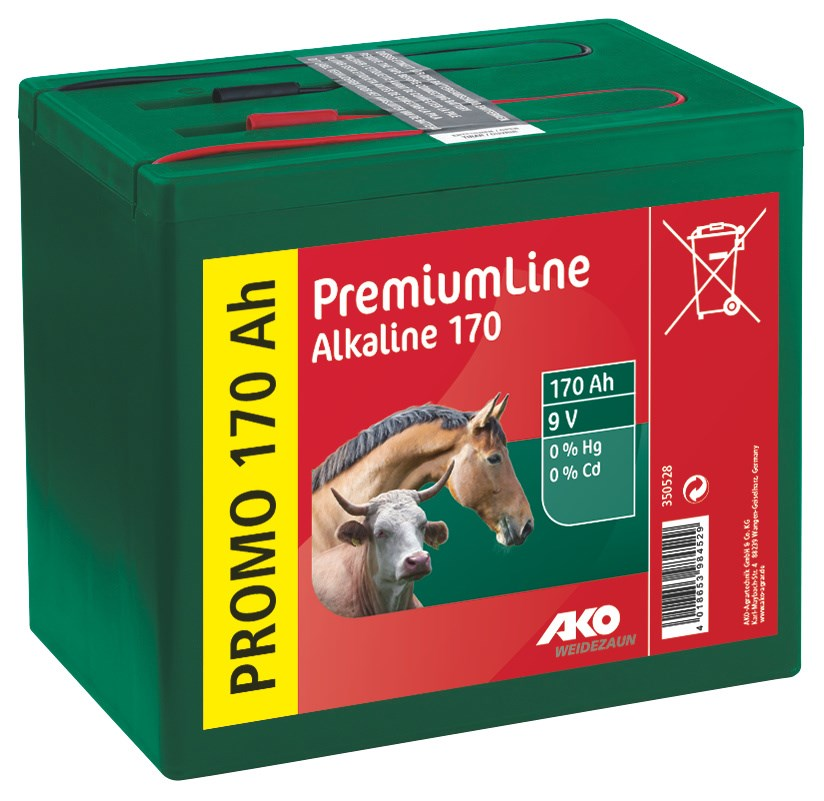 Grüne AKO Alkaline 170 Batterie für Weidezäune mit Pferd und Rind auf der Verpackung