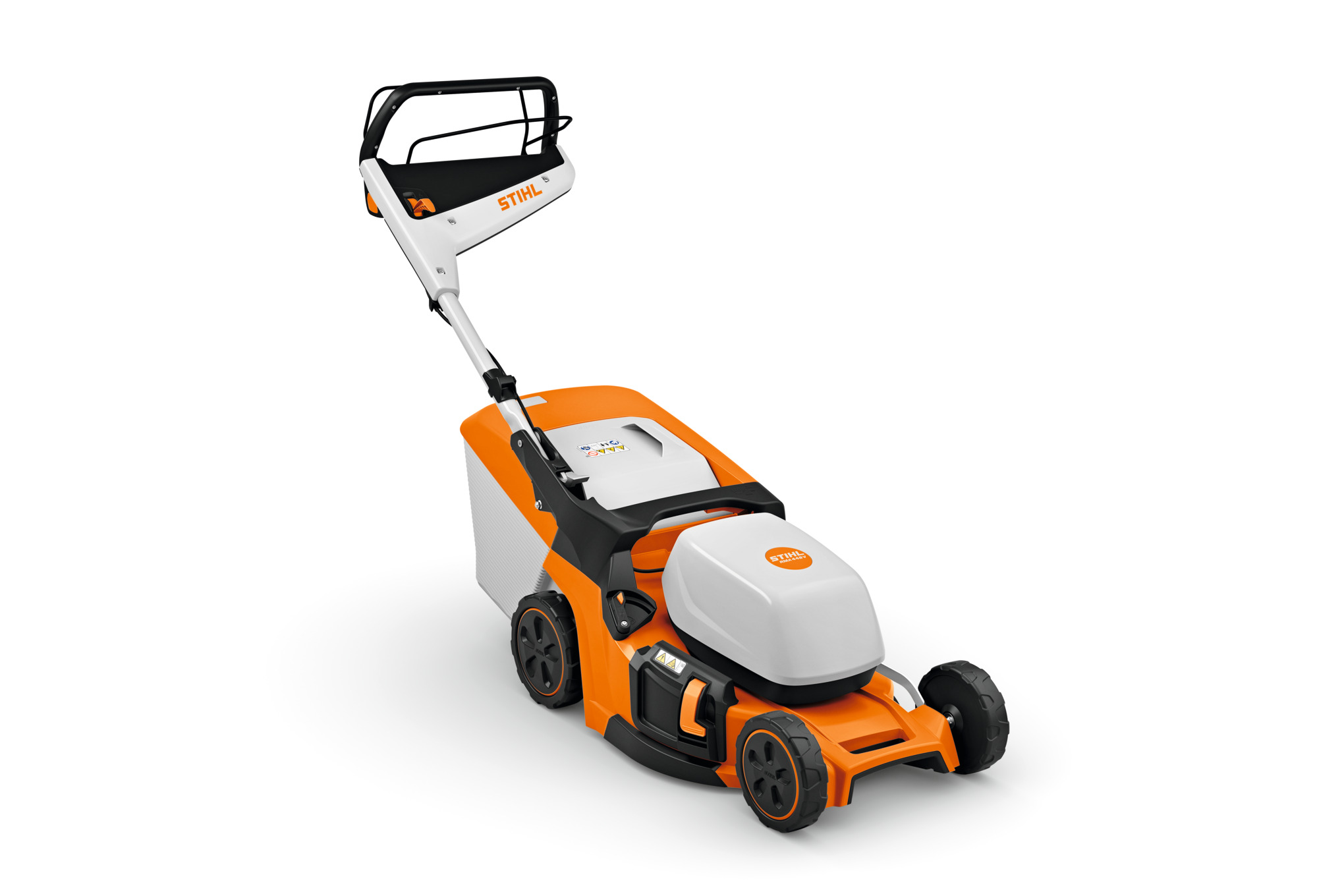 STIHL RMA 448 V Akku-Rasenmäher in Orange und Weiß auf weißem Hintergrund