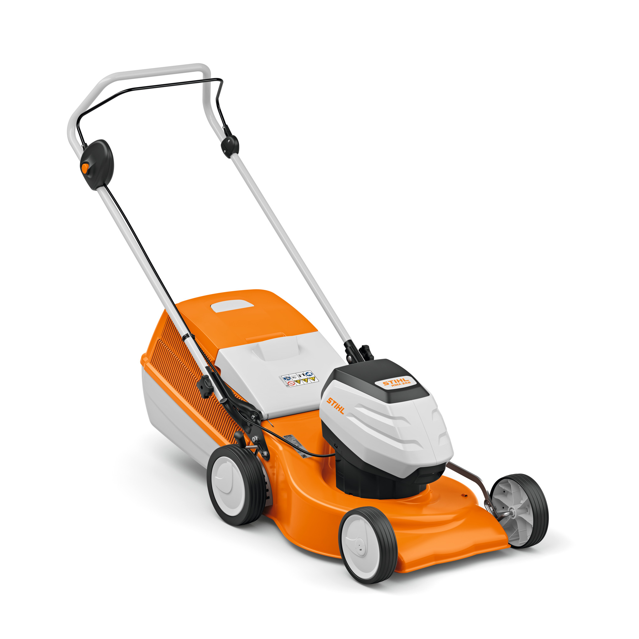 STIHL RMA 248 Akku-Rasenmäher in Orange und Weiß mit klappbarem Holm und Grasfangkorb
