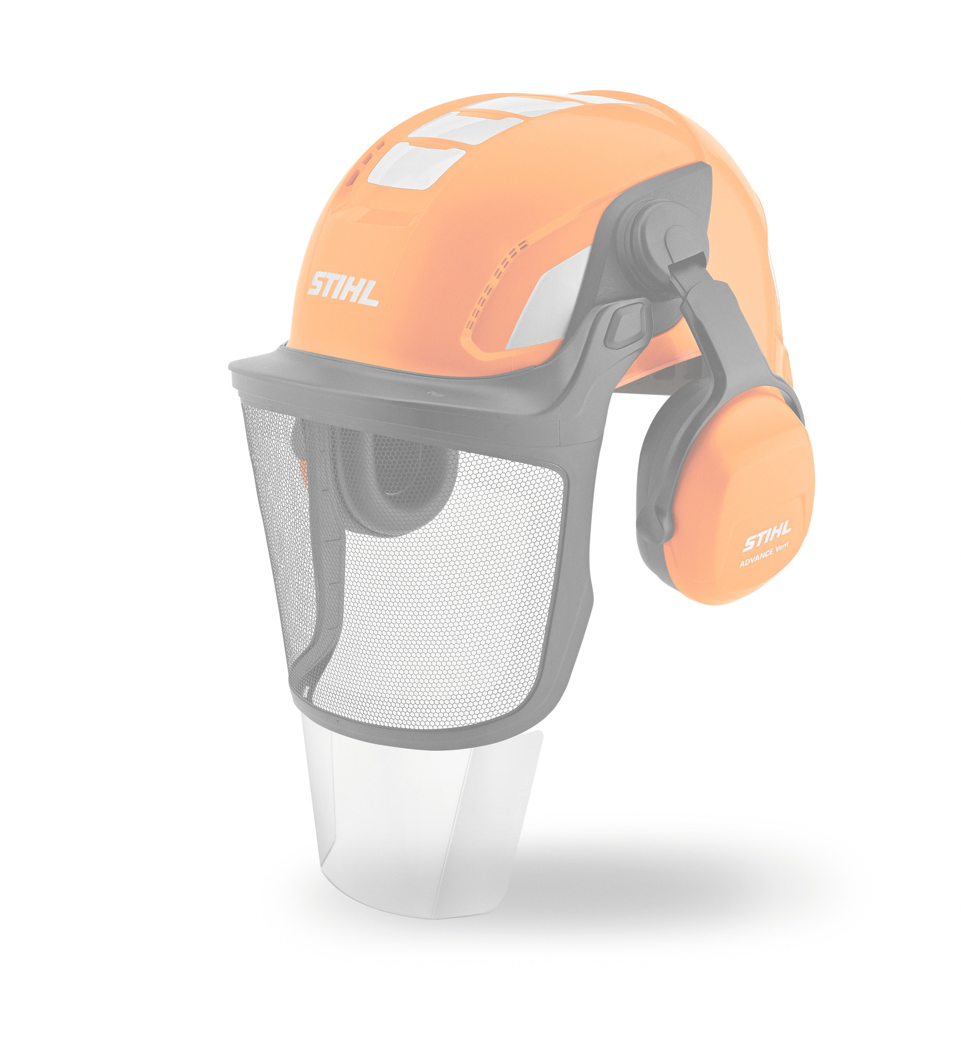 STIHL ADVANCE Schutzhelm mit Visierverlängerung und Gehörschutz auf weißem Hintergrund