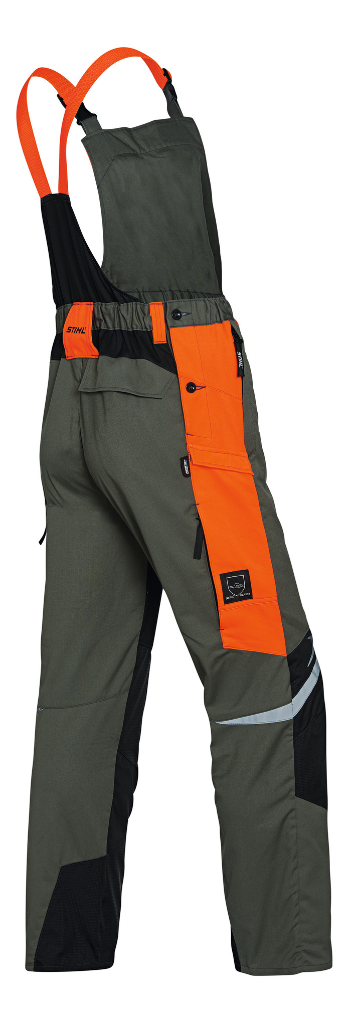 STIHL Latzhose FUNCTION Ergo in Olivgrün und Warnorange mit elastischen Trägern und Taschen