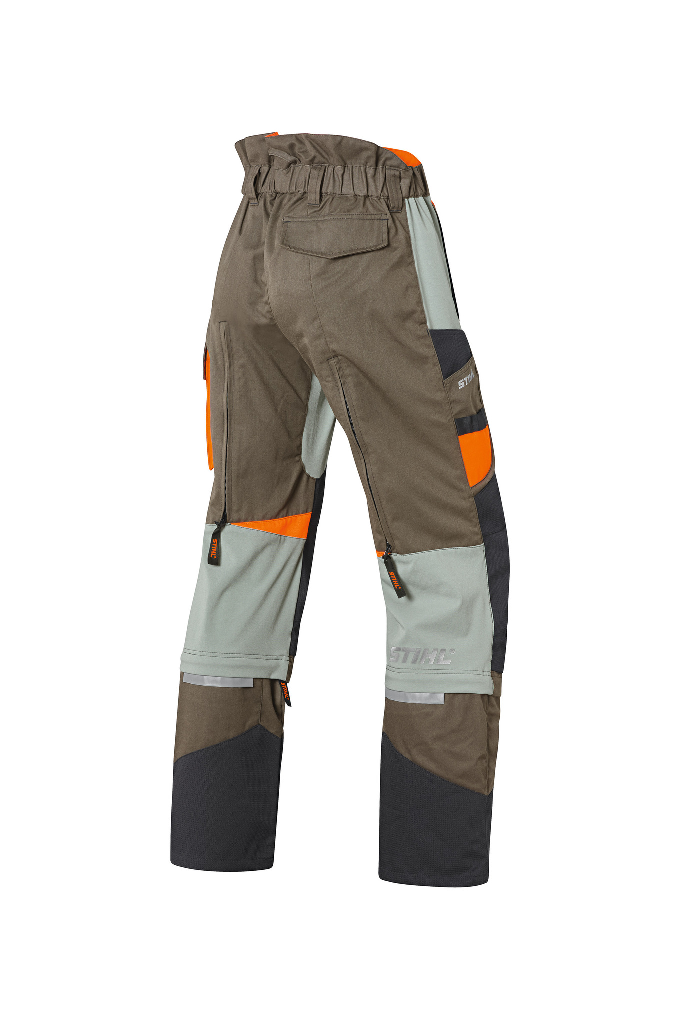 STIHL HS-Schutzhose MultiProtect HS in Torf mit orangefarbenen Akzenten und funktionalen Details